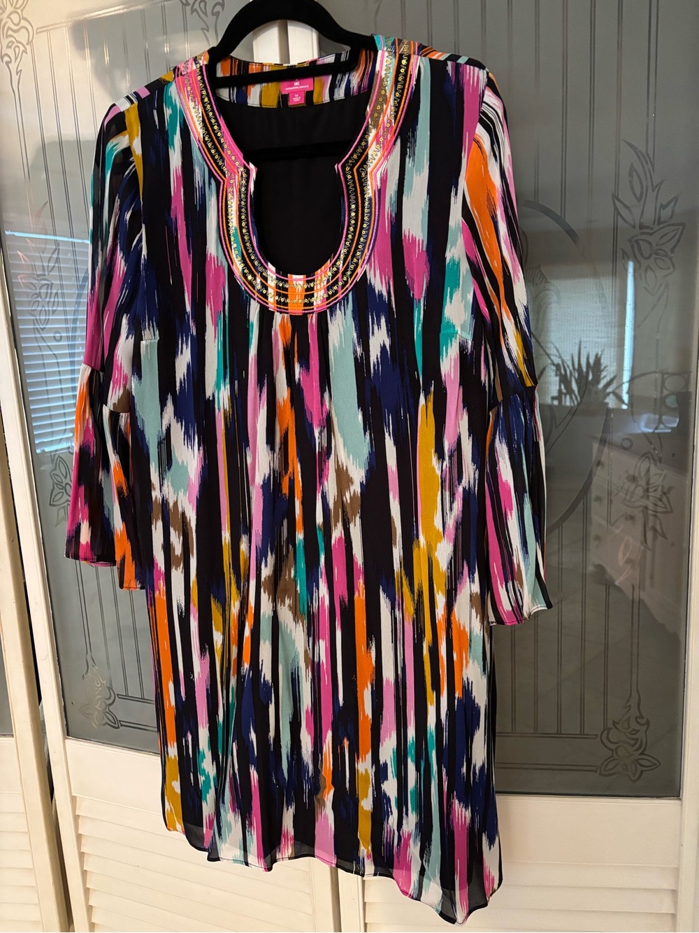 Trina Turk Black Dress with Pink, Mustard and Blue Brushstroke Trim